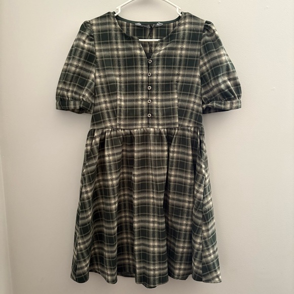 Tulisa Check Button-Up Mini Dress Sz 4 – Puff Sleeves, Alt Shirt Dress - Picture 2 of 7